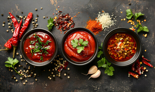 Bowl with tasty chili sauce on color wooden background, closeup