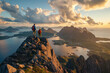 A wide angle photo of two hikers on top of a very high mountain, The view is over a vast ocean and islands with a dramatic sky, It's a summer evening, golden hour