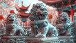 Cyber stone lion statue and lantern abstract background