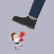 Businesswoman In Boxing Gloves Fighting Big Foot Giant Man. 
Small Business Fighting Big Business Concept.Flat, Vector, Illustration, Cartoon, EPS10. 