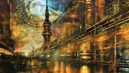 Wall Mural - A spaceport in a steampunk-inspired version of Victorian London.