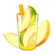 Cocktail with melon. Fruity summer juice. Smoothie with fresh fruit. Lemonade with melon. Vector illustration.