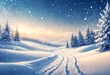 Winter snow background with snowdrifts, with beautiful light and snow flakes on the blue sky in the evening