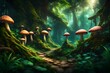 A breathtaking 4K view of a lush jungle where fantasy mushrooms thrive in their natural habitat.