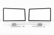 © Regi Munandar - two modern tech blank lcd responsive monitor screen display desktop computer device realistic mockup template with keyboard and mouse 3d render illustration isolated front facing view