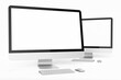 © Regi Munandar - two modern tech blank lcd responsive monitor screen display desktop computer device realistic mockup template with keyboard and mouse 3d render illustration isolated front view