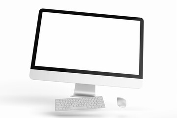 Wall Mural - one modern tech blank lcd responsive monitor screen display desktop computer device realistic mockup template with keyboard and mouse 3d render illustration isolated floating view