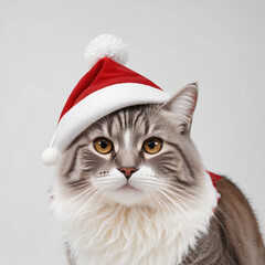 Poster -  Christmas cat in red Santa Claus cap and wearing a Elf's dress Characters isolated on Transparent background colorful background