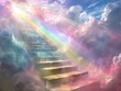 Stairway to heavenly glory, encased in a rainbow, angelic light, peaceful sky