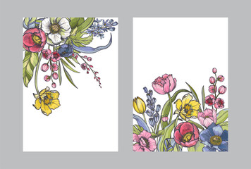 Wall Mural - Set of vector compositions of spring flowers, leaves and branches. Different flowers, tulips, anemones and other plants in beautiful floral frames.