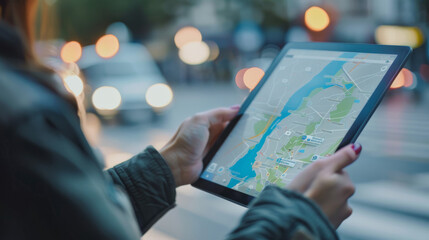 Woman using a digital tablet displaying a map application with location pins, bokeh effect from city lights in the background.