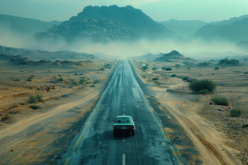 Wall Mural - Desert Road Vanishing into Horizon., road adventure, path to discovery, holliday trip, Aerial view