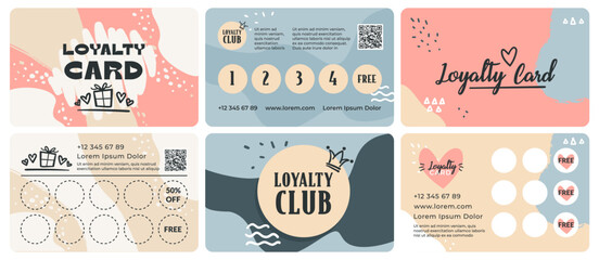 Loyalty card design set with colorful decoration