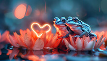 Cute Frogs In Flowers On A Swamp With Neon Hearts. Summer Card With Toads.