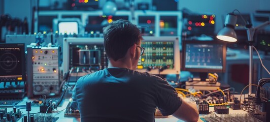 Electronics engineering concept. An engineer in casual attire is testing circuit boards in a high-tech lab with various electronic measurement devices