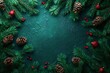 Christmas background with fir branches, pine cones and red berries,  Top view with copy space