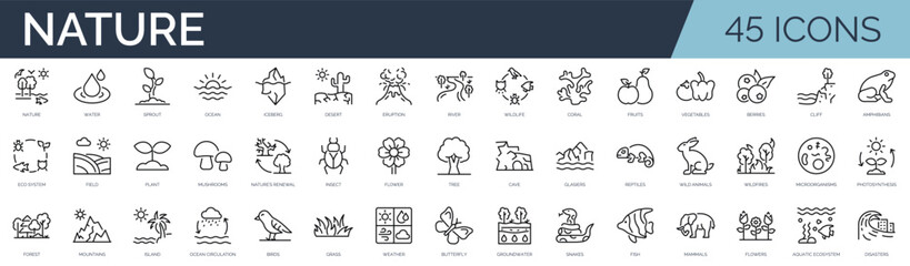 set of 45 outline icons related to nature. linear icon collection. editable stroke. vector illustrat