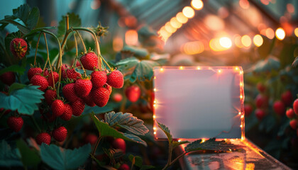 Wall Mural - Juicy bush of strawberries with a sign for text.