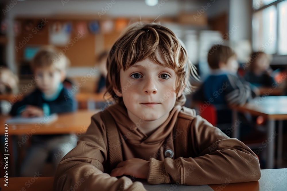 Smiling child is depicted sitting at a desk in a classroom ...