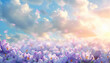 Spring saffron flowers against a blue sky. Field of crocus flowers in rainbow light.