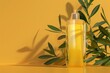 A bottle of lotion is sitting on a yellow background with a leafy green backgrou