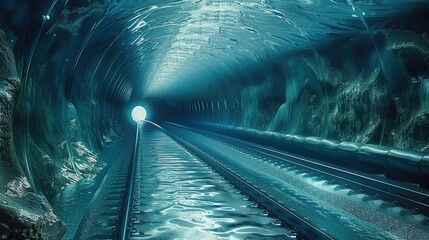 Poster - The most perfect undersea tunnel, underground railway, tunnel, covered with sea above and around. Generative AI.