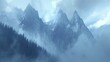 Towering peaks of a foggy mountain shrouded in mist and mystery