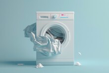 A White Washing Machine With Clothes Flying Out Of It