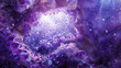 A stunning close-up of radiant purple amethyst crystals against a dark, mysterious cosmic backdrop in shades of violet and blue