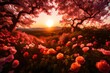 A picturesque landscape featuring vibrant roses, cherry blossoms, and cosmos flowers bathed in the warm hues of a breathtaking sunset.