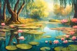 A serene riverside scene with willow trees and their branches gracefully touching the water, surrounded by colorful water lilies and lotus flowers.
