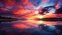 Tranquil Lake, Ablaze In Orange And Purple Sunset Hues.