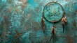 Olive dream catcher on aquamarine textured background. Texture of concrete, Dreamcatcher made of feathers leather beads and ropes in classic blue trendy color, hanging. background