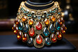 Closeup of layered golden necklace with colorful gemstones.