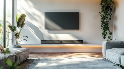 Aufkleber - A white wall in the living room with a TV and soundbar hanging on the wall, simple, minimalist. Generative AI.