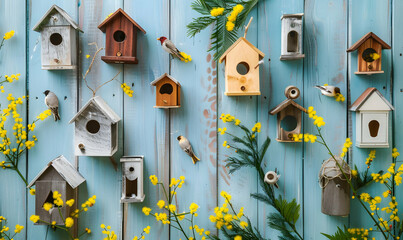 Flat lay of colorful birdhouses with mimosa flowers on blue wooden background