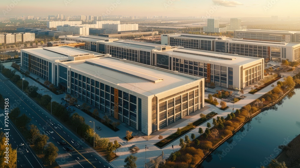 Square Factory Factory building in industrial park, four square factory buildings, two ...