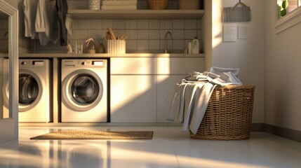 Laundry room interior with washing machine and basket of towels.