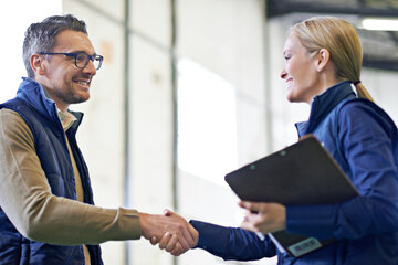 Poster - Business people, handshake and welcome for partnership, collaboration and agreement. Professional, clipboard and shaking hands for introduction, b2b onboarding or teamwork in shipping warehouse