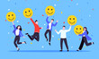 Employee satisfaction attitude survey feedback business concept flat style vector illustration. Business people with various feedback emoticons. Working happiness wellbeing and satisfaction feedback