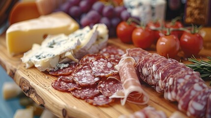 Wall Mural - Tasty cured meats and cheeses on a wooden chopping board. Generative AI.