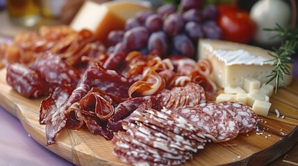 Wall Mural - Tasty cured meats and cheeses on a wooden chopping board. Generative AI.