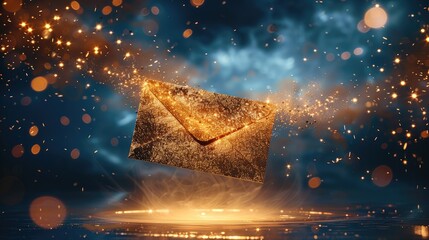 Aufkleber - A golden envelope levitating on ground, dark blue background, golden sparkles around. Generative AI.