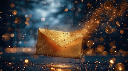 Aufkleber - A golden envelope levitating on ground, dark blue background, golden sparkles around. Generative AI.