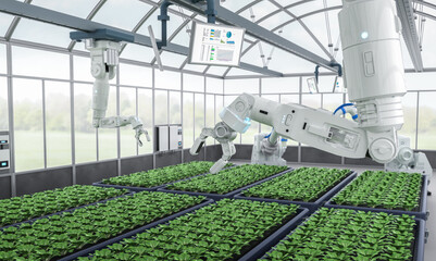 Agriculture technology with robot assistant in indoor farm or glasshouse