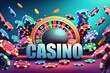 Motion blur photo of create online casino landscape poster, in dark background with casino elements, illustration
