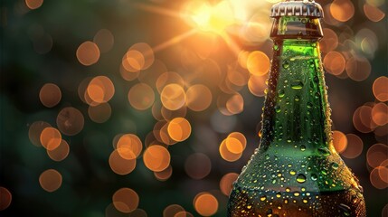 Poster - Close up of green bottle of beer with drops. A beam of light passes through the bottle. Generative AI.