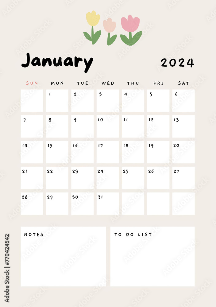 Cute Monthly Planner January 2024 Calendar with Pastel Background ...