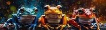 A Symphony Of Frogs, Each Rendered In Dazzling Colors And Dynamic Poses, Showcasing The Elegance Of Japanese Watercolor, A Quintet That Brightens Any Space , High Resolution DSLR, 8K, High Detailed, S