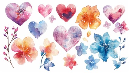 Wall Mural - Artistic collection of watercolor flowers and hearts, Japanese style, isolated on white, enhancing any holiday design or fabric print , high resolution DSLR, 8K, high detailed, super detailed , ultra 